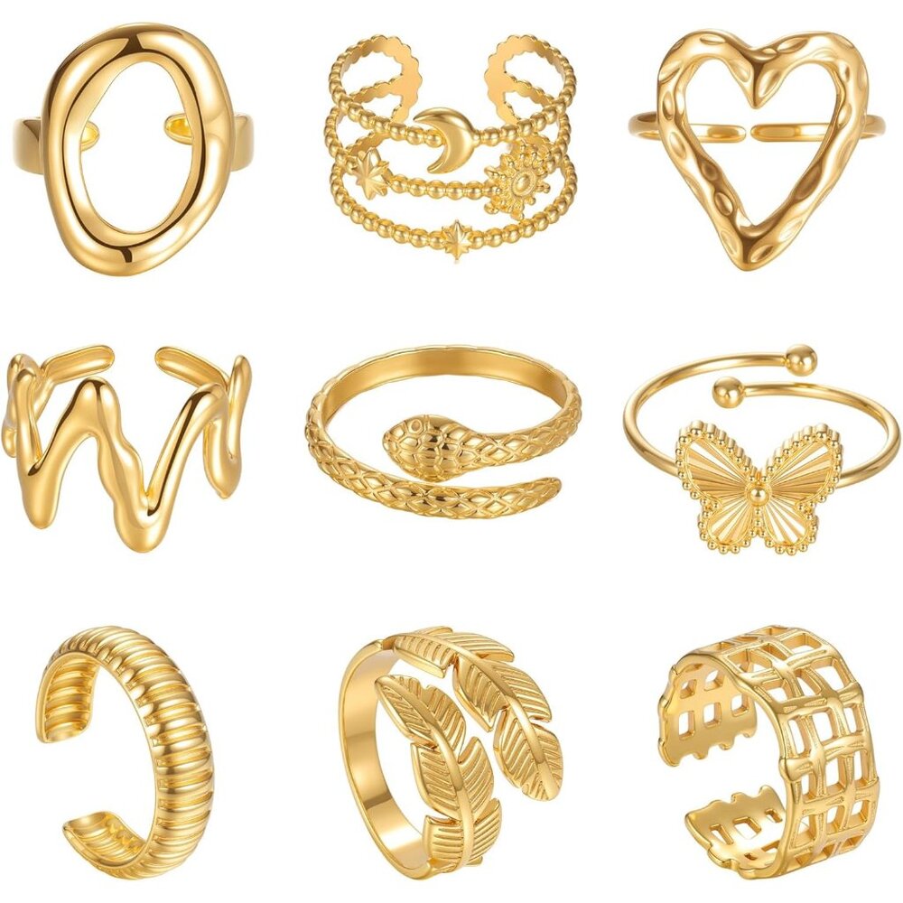9pcs Gold Rings For Women Non Tarnish, 18k Gold Plated Chunky Adjustable Stackab